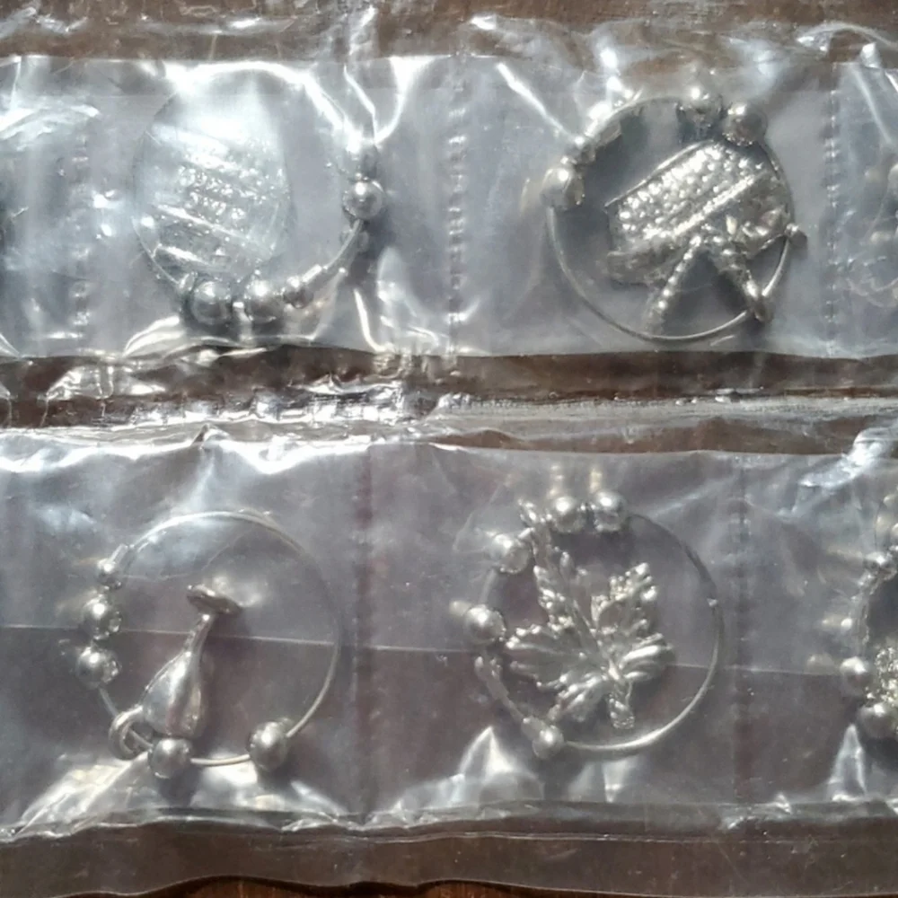 12 Wine Glass Charms Silver Tone Themed Grape Leaf Cheese Bread Basket Cork Bead